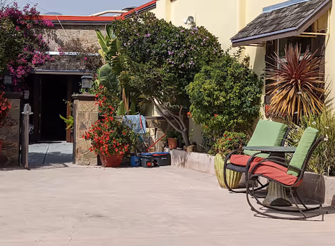 Outdoor courtyard with chairs, potted plants, and the building entrance.