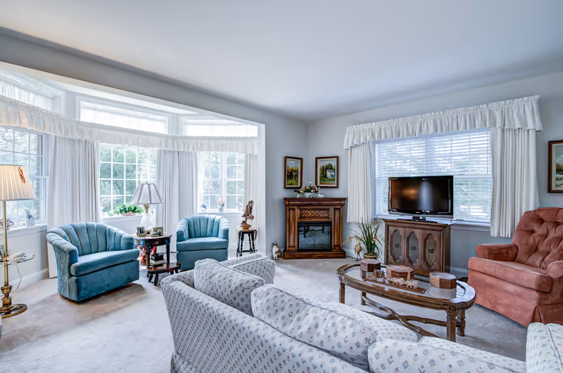 A bright and cozy living room with large windows covered by white curtains allowing natural light to fill the space. The room features a patterned sofa, two blue armchairs, a red armchair, a wooden coffee table with decorative items, a wooden TV stand with a flat-screen TV, and a wooden electric fireplace. The walls are adorned with framed paintings and there are several plants and lamps adding to the homely atmosphere.