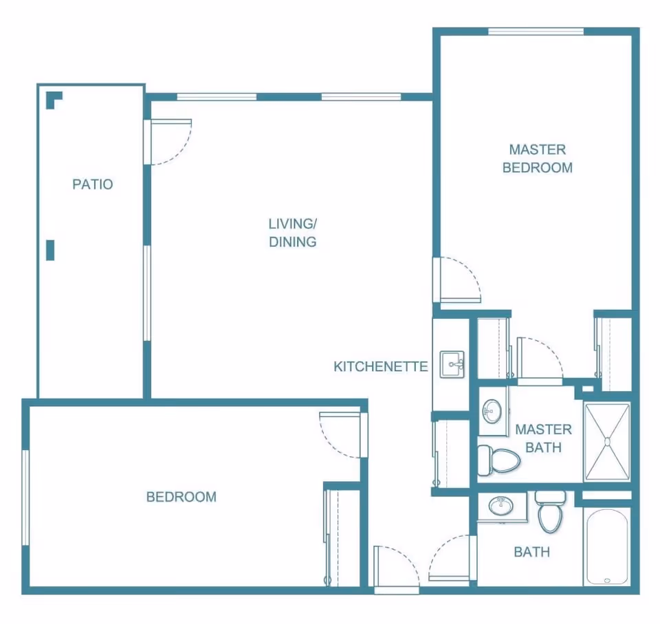 Architectural floor plan of a living space at Holiday Maple Suites showing a patio, living/dining area, kitchenette, master bedroom with master bath, a second bedroom, and an additional bath.