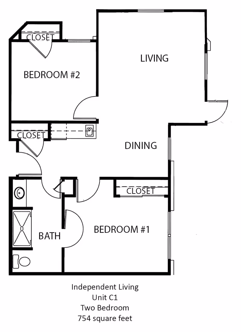 Floor plan of an independent living unit C1 with two bedrooms, a living room, dining area, bathroom, and closets, totaling 754 square feet.