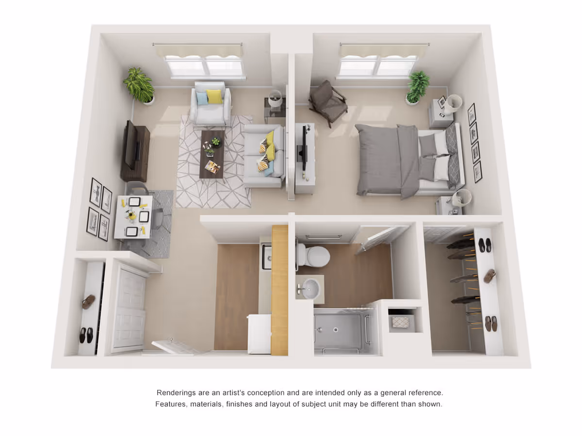 Top-down 3D floor plan rendering of a one-bedroom apartment showing a living room, dining area, bedroom, bathroom, kitchen, and closets.