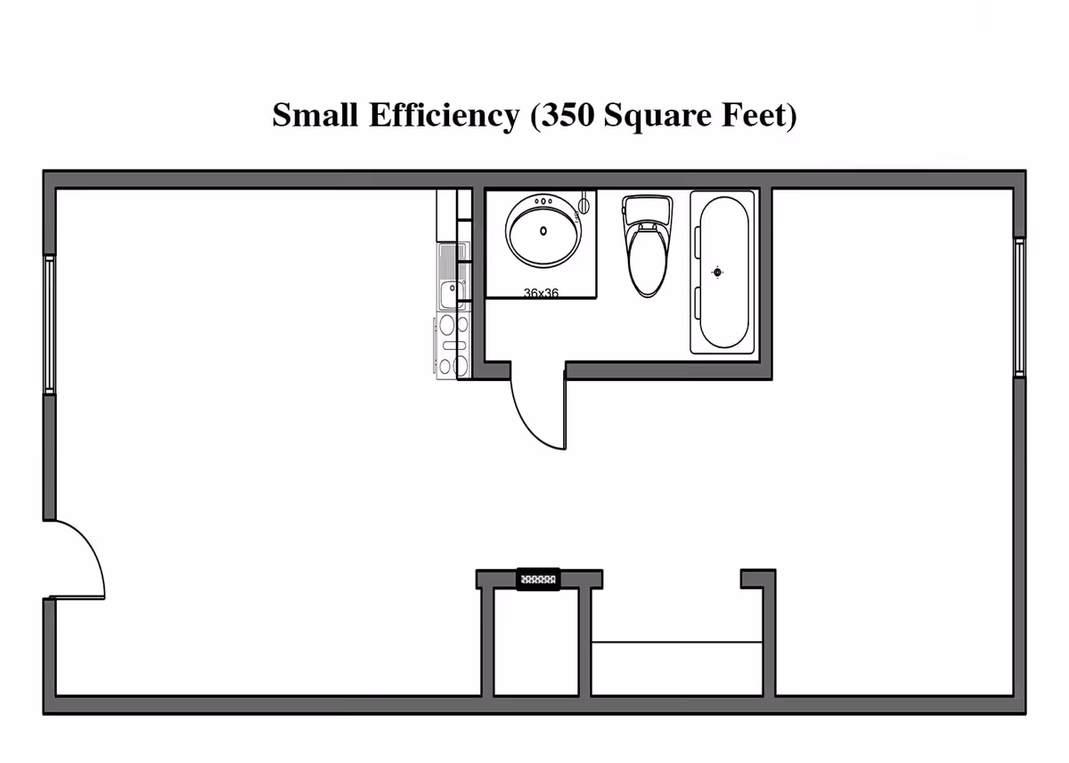 Floor plan of a small efficiency apartment measuring 350 square feet, showing a combined living and sleeping area, a small kitchen, and a bathroom with a sink, toilet, and bathtub.