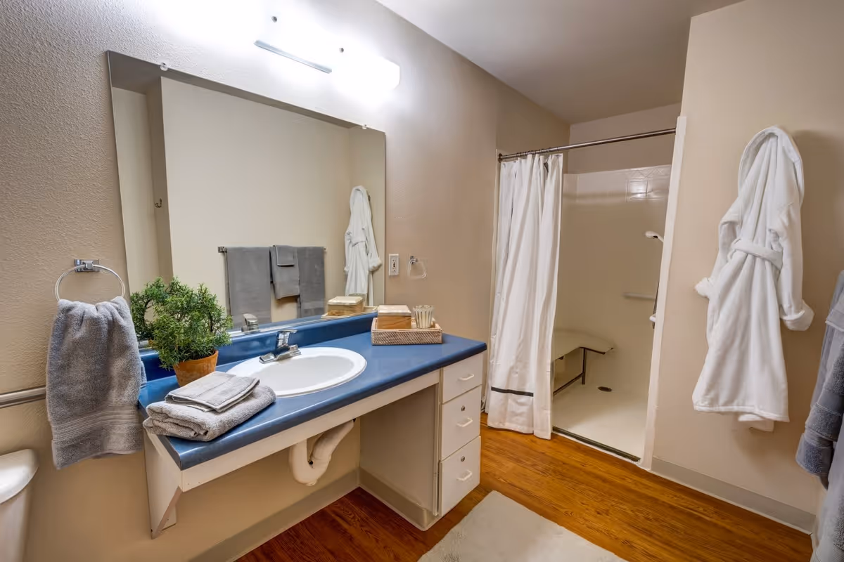 A clean and well-lit bathroom featuring a large mirror above a blue countertop with a white sink. On the countertop, there are folded gray towels, a small potted plant, and a tray with toiletries. To the right, there is a walk-in shower with a white curtain and a built-in bench. A white bathrobe hangs on the wall next to the shower, and gray towels are hanging on a towel rack near the toilet. The floor has a wood-like finish with a white bath mat in front of the sink.