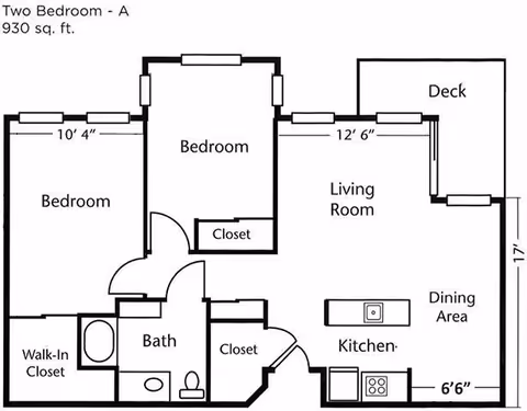Architectural floor plan of a two-bedroom apartment with 930 square feet. The layout includes two bedrooms, a bathroom with a walk-in closet, a living room, a kitchen with an island, a dining area, closets, and a deck.
