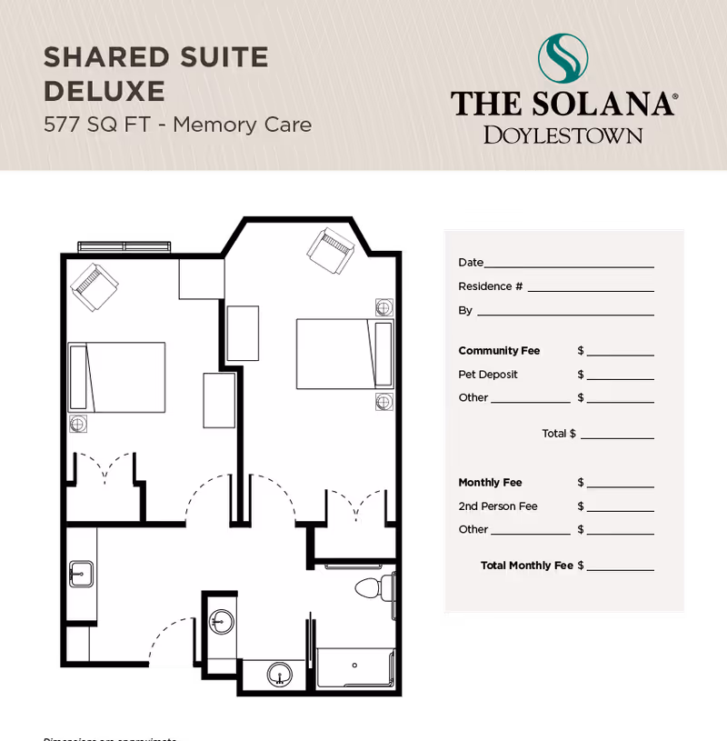 Graphic floor plan of a Shared Suite Deluxe (577 sq ft) memory care unit with The Solana Doylestown logo and a fees form.
