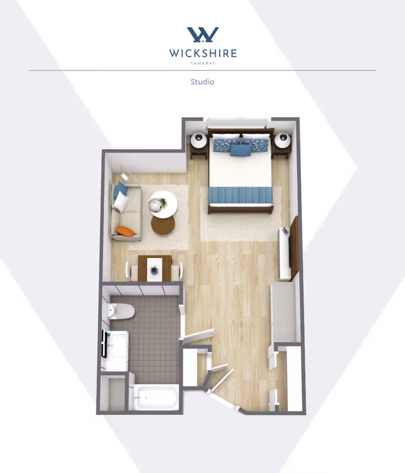 Top-down 3D studio floor plan showing a sleeping area, living nook with sofa and table, kitchenette, and a bathroom.