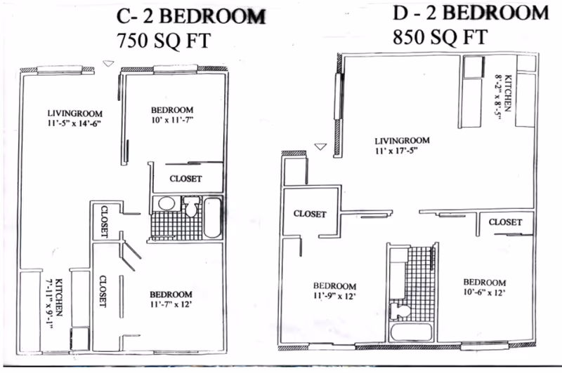 Floor plans for two 2-bedroom apartments labeled C and D. Apartment C is 750 square feet with a living room, kitchen, two bedrooms, closets, and a bathroom. Apartment D is 850 square feet with a living room, kitchen, two bedrooms, closets, and a bathroom.