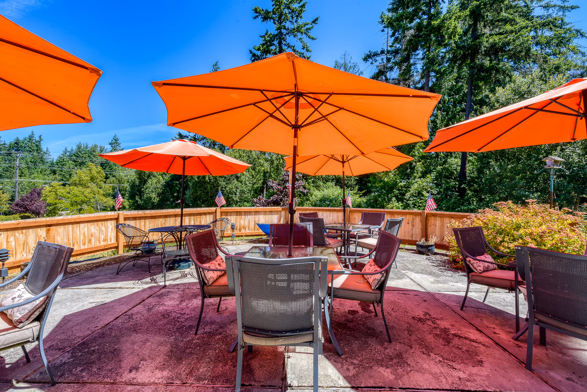Outdoor patio with tables, chairs, and large orange umbrellas beside a wooden fence and trees.