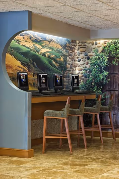 Row of computer kiosks with high stools in a communal interior space with a scenic mural and stone accent wall.