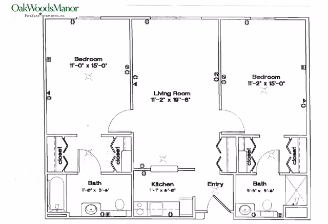 Floor plan of a senior living unit at Oak Woods Manor showing two bedrooms, two bathrooms, a living room, a kitchen, closets, and an entry area with dimensions labeled for each room.