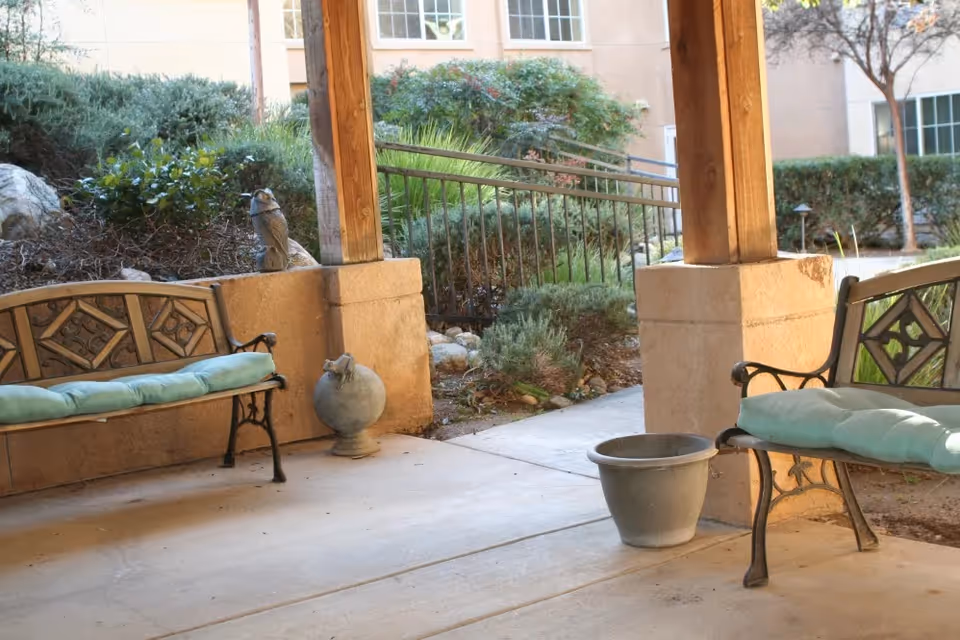 Covered outdoor patio area with two metal benches featuring light blue cushions, a small empty planter, decorative stone bird sculptures, and surrounding greenery including bushes and trees near a building with windows.