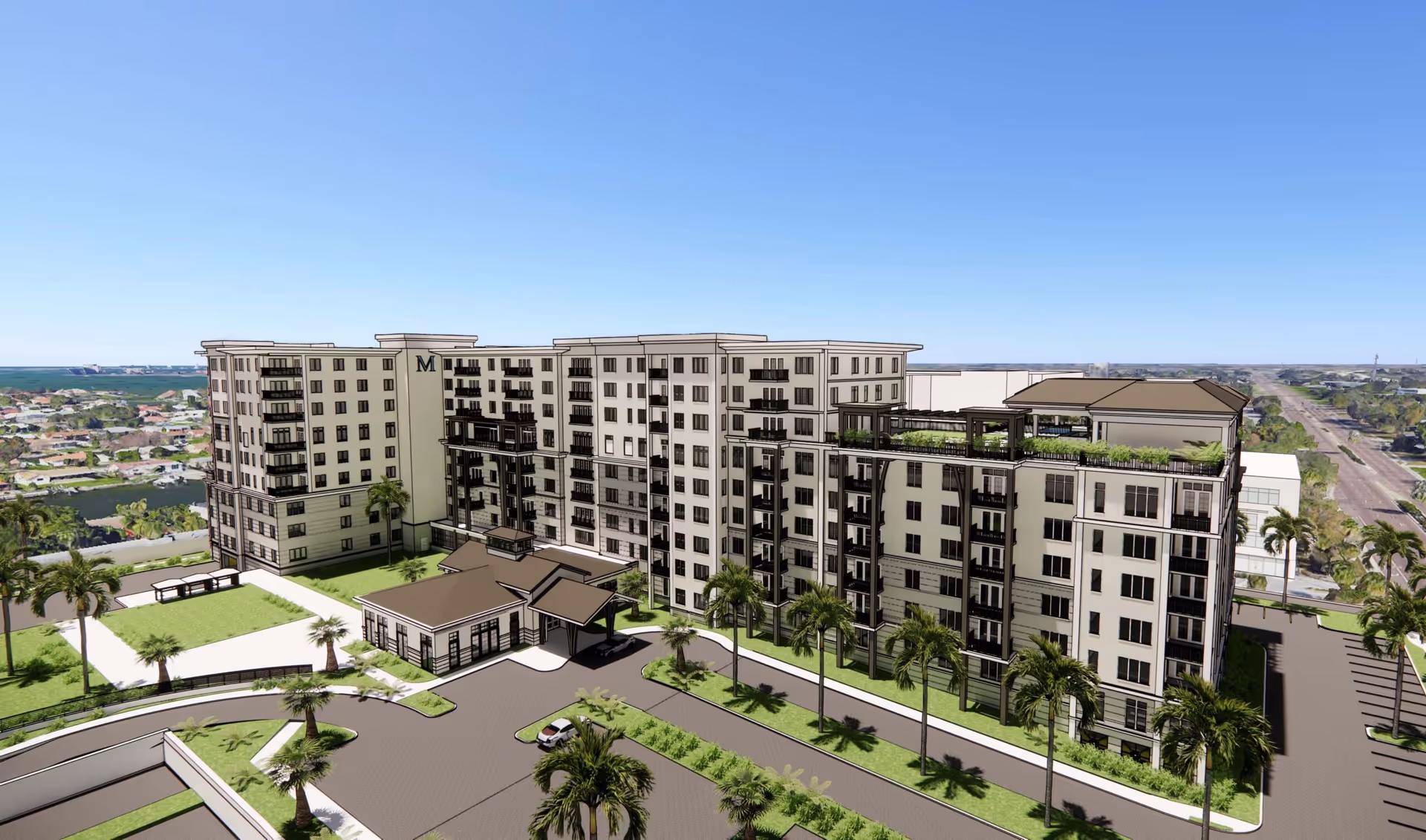 A digital rendering of a large multi-story senior living facility building with balconies, surrounded by palm trees and landscaped grounds under a clear blue sky.