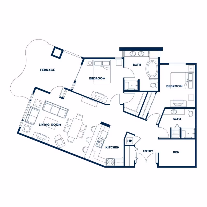 Blueprint-style floor plan of a two-bedroom unit showing a living room, kitchen, den, two bathrooms, and a terrace.