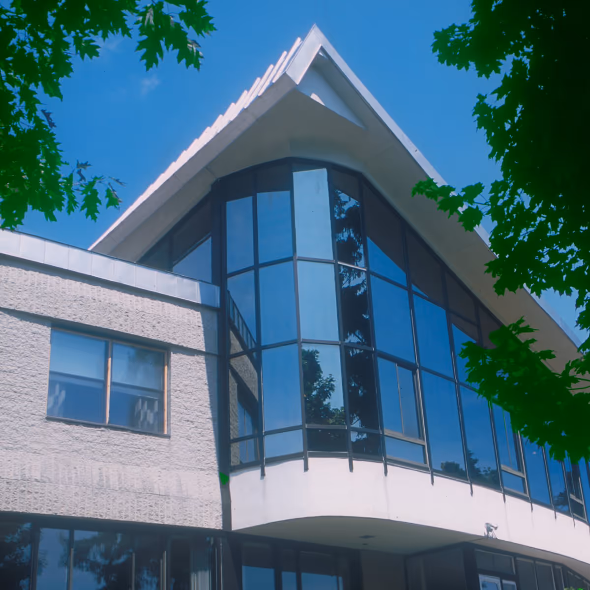 Exterior view of a modern building with large glass windows and a distinctive angular roof, framed by green tree leaves against a clear blue sky.