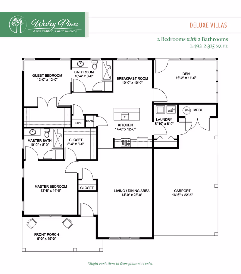 Black-and-white floor plan of a two-bedroom, two-bathroom deluxe villa with labeled rooms including kitchen, living/dining area, den, porch, and carport, and a Wesley Pines logo.