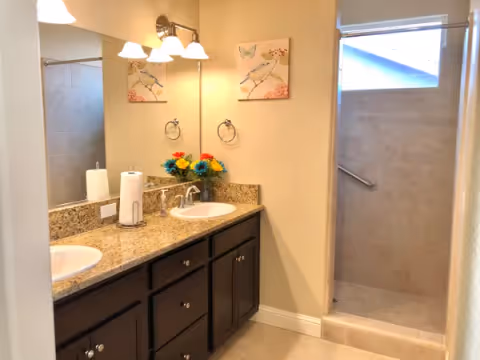 Double-sink bathroom vanity with granite countertop and a walk-in tiled shower.