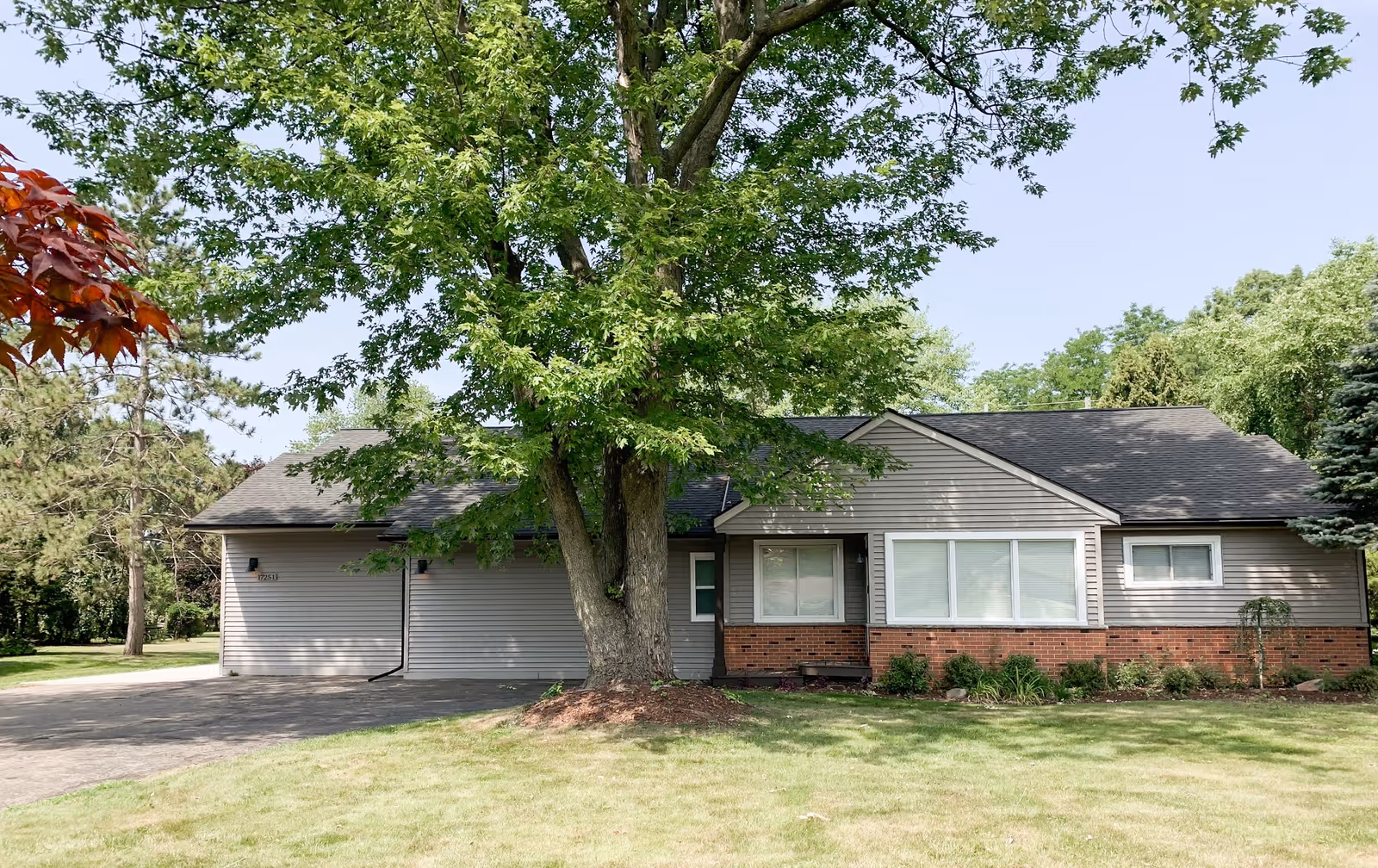 Single-story ranch-style house with a large tree in the front yard, a driveway and attached garage on the left, and a lawn.