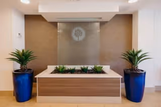 Modern indoor reception area with a wooden planter box containing green plants, flanked by two large blue pots with tall green plants. A textured wall with a circular logo featuring a tree is visible in the background.