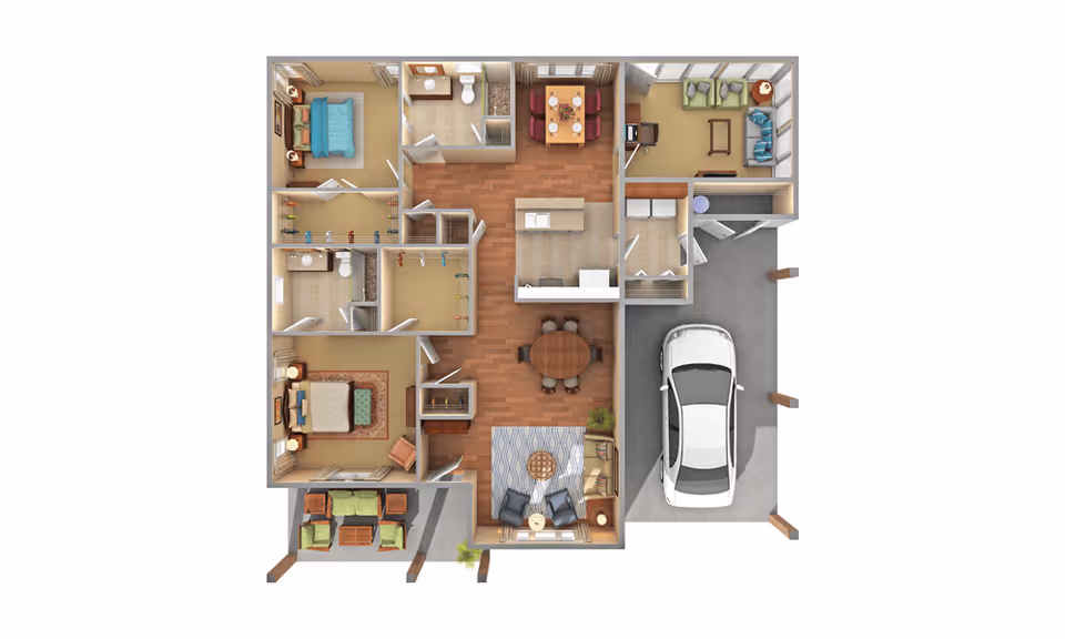 Top-down 3D floor plan of a single-story home featuring two bedrooms, two bathrooms, a kitchen with an island, a dining area, a living room, a small office or sitting room, a garage with a parked car, and an outdoor patio with seating.