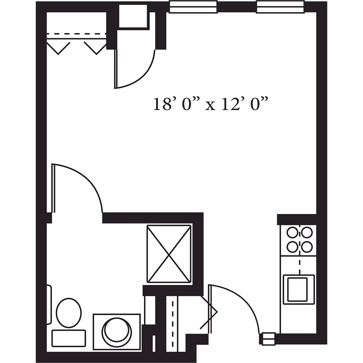 Floor plan of a studio apartment with dimensions 18 feet by 12 feet. The layout includes a main living area, a small kitchen with a stove and sink, and a bathroom with a toilet and sink. There are two windows on one wall and a closet near the entrance.