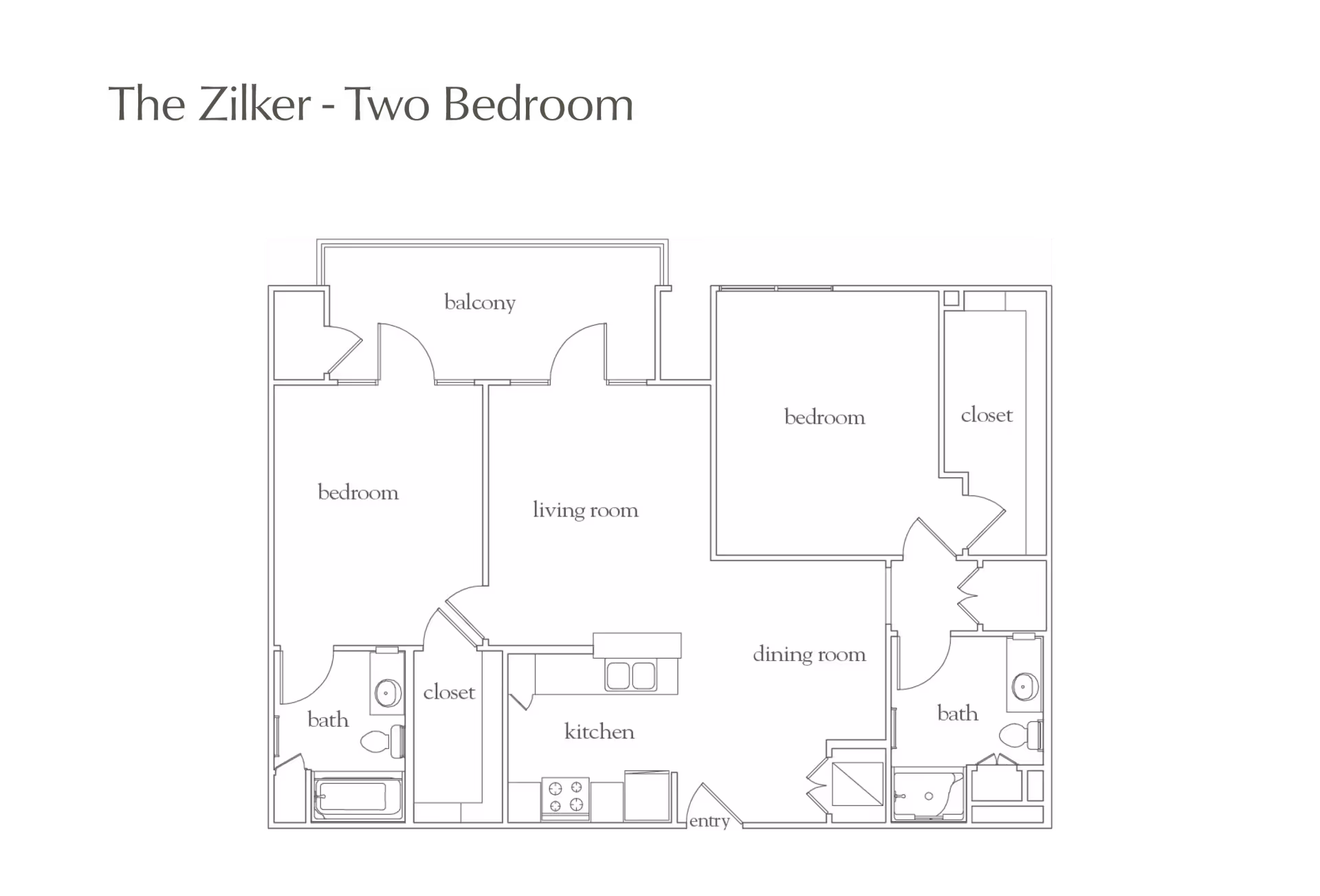 Floor plan titled 'The Zilker - Two Bedroom' showing layout with two bedrooms, two bathrooms, a living room, dining room, kitchen, closets, an entry, and a balcony.