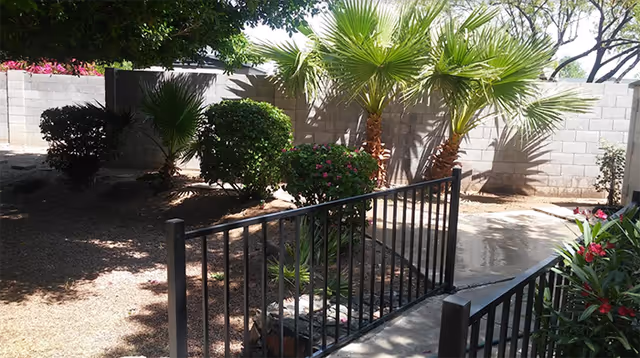 Outdoor garden area with a concrete pathway bordered by black metal railings, surrounded by various green plants including palm trees and bushes, with a white brick wall in the background.