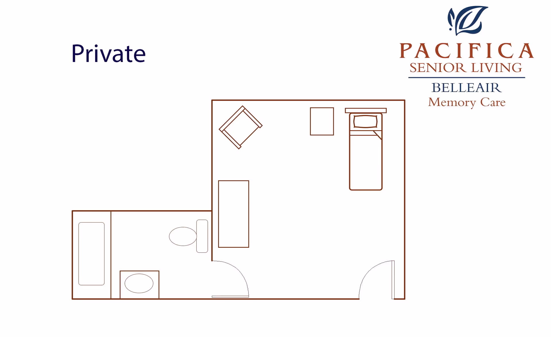 Floor plan of a private memory-care room showing a bed, chair, desk/dresser and an attached bathroom with toilet and shower, labeled 'Private' and bearing a Pacifica Senior Living Belleair logo.