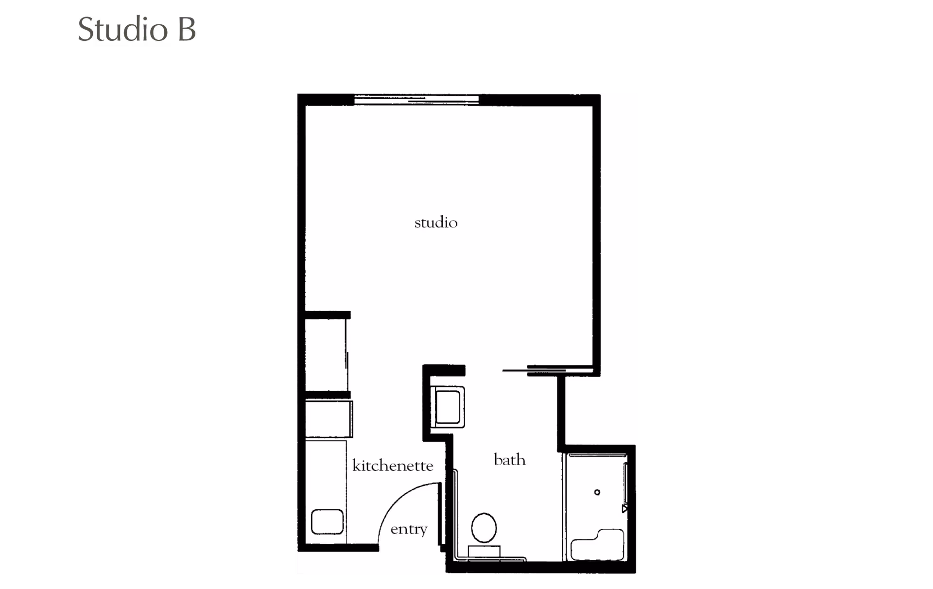 Black-and-white floor plan labeled "Studio B" showing a studio area with kitchenette, entry, and bath.