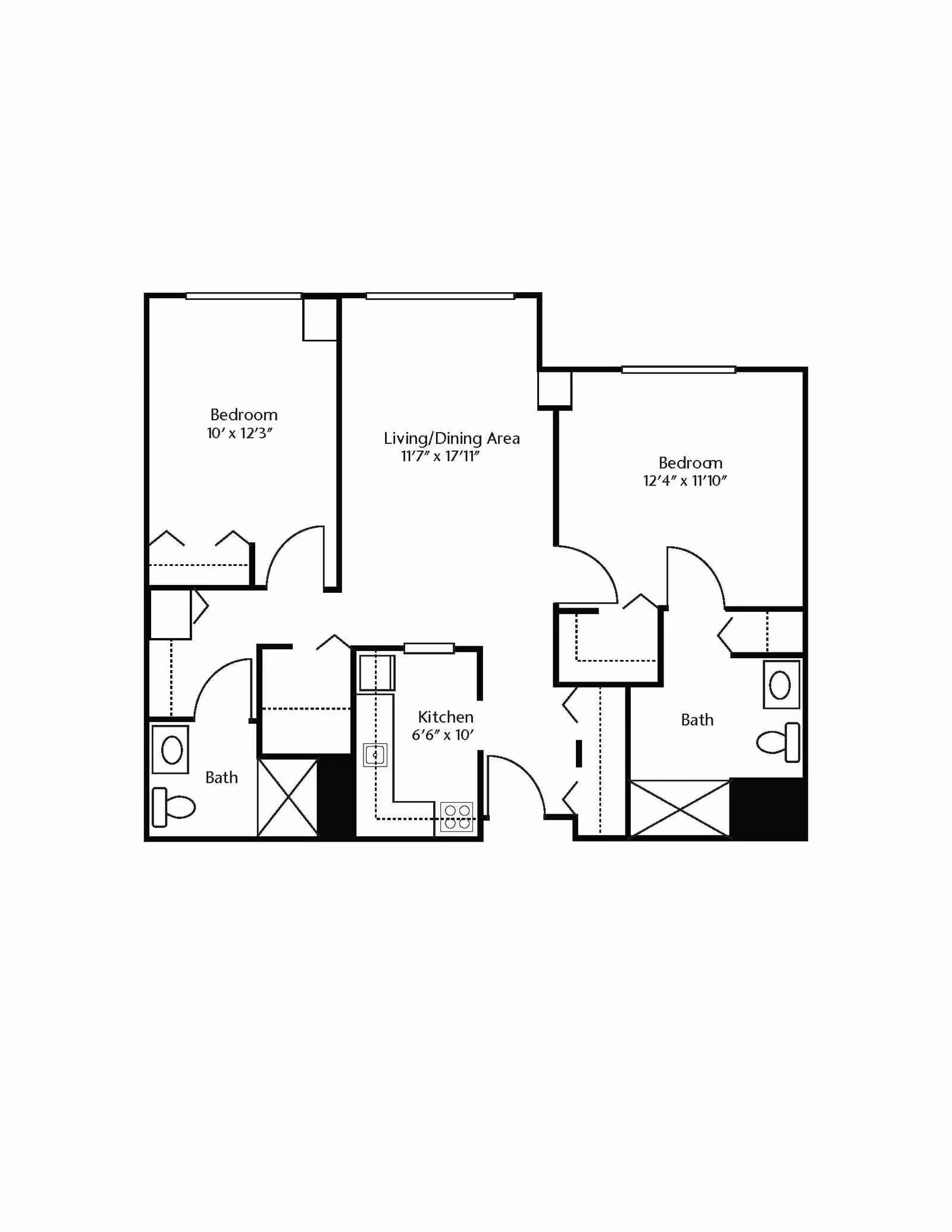 Floor plan of an apartment at Brookdale Northbrook showing two bedrooms, two bathrooms, a kitchen, and a combined living/dining area with dimensions labeled for each room.