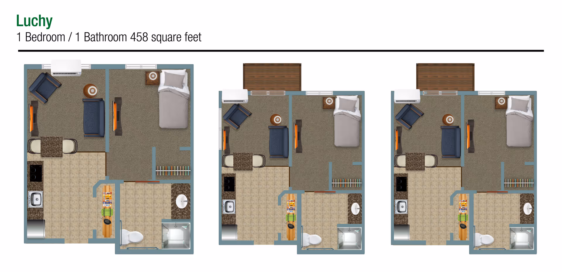 Floor plan layout of a 1 bedroom, 1 bathroom apartment named Luchy, with 458 square feet. The plan shows a living room with seating and a TV, a kitchen area with appliances, a bedroom with a bed and nightstand, and a bathroom with a shower, toilet, and sink. Three identical floor plan images are shown side by side.