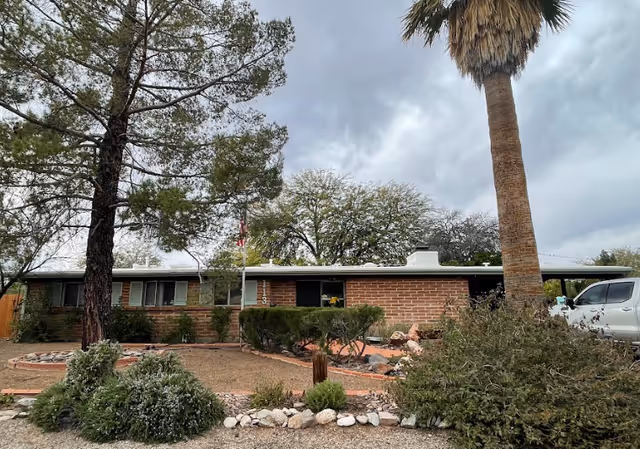 Single-story brick building front with a landscaped yard, large trees and a palm, a flagpole, and a parked car under a cloudy sky.