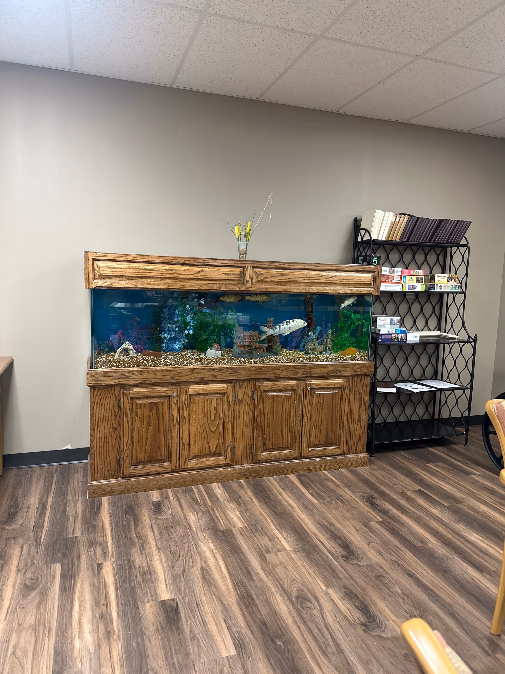 Large wooden aquarium against a beige wall in a room with wood flooring and a metal shelf holding books and games.