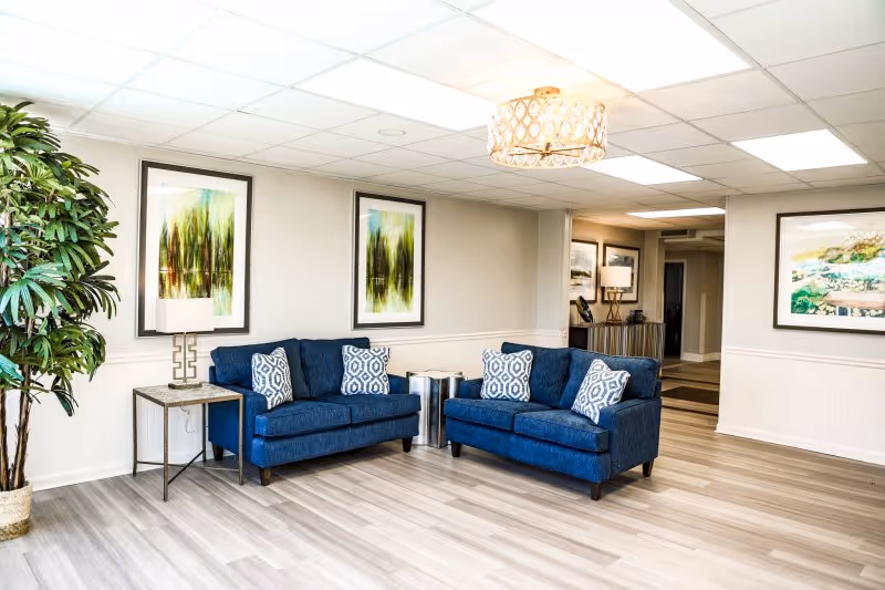 Bright seating area with two blue loveseats, patterned pillows, framed artwork, a potted plant, and overhead lighting.