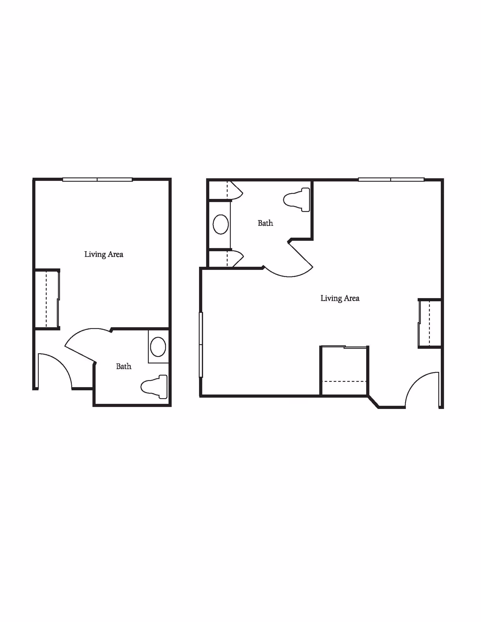 Architectural floor plan showing two layouts each with a living area and a bathroom.