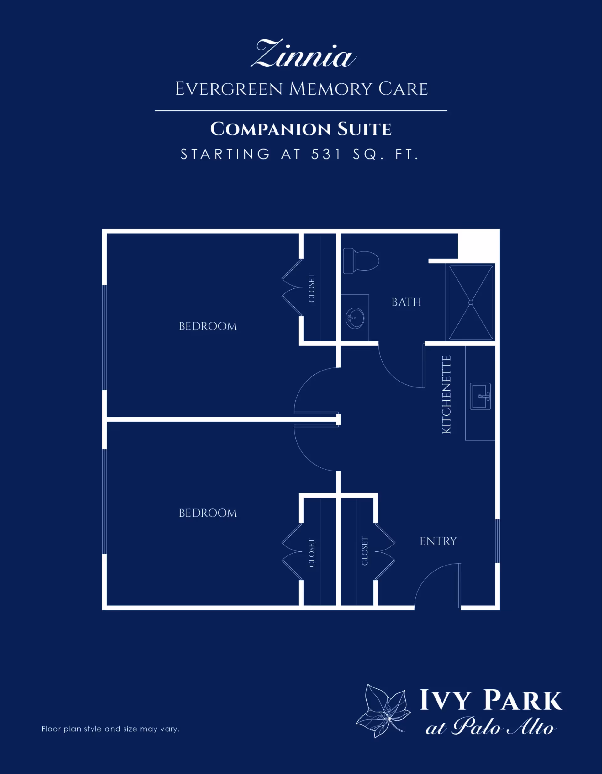 Blueprint-style floor plan of a companion suite showing two bedrooms, closets, a bathroom, kitchenette, and entry.