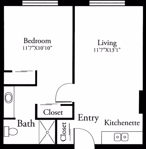 Black-and-white floor plan of a one-bedroom apartment showing a Bedroom, Living room, Bath, Entry, Kitchenette and closets.