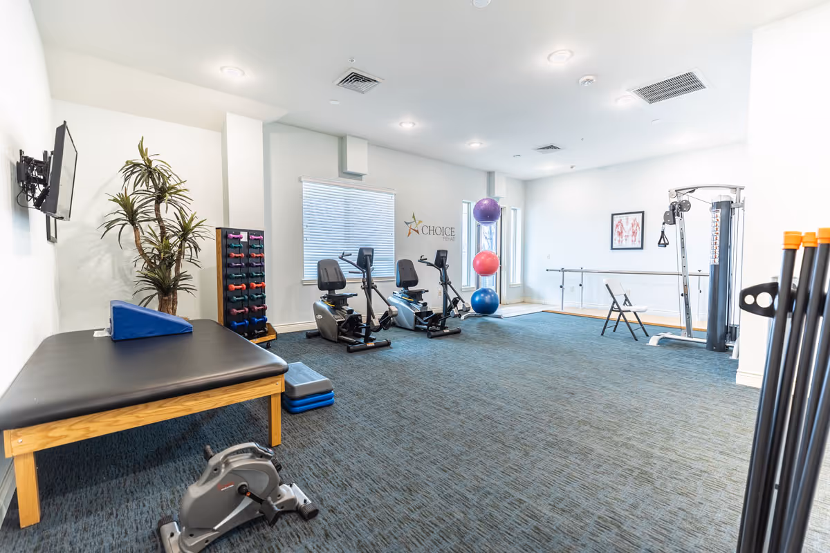 A bright and spacious exercise room with two recumbent stationary bikes, a rack of colorful dumbbells, three large exercise balls stacked vertically, a weight machine, a padded exercise table, and a wall-mounted TV. The room has white walls, blue carpet, and a window with blinds. There is also a folding chair and a framed anatomical poster on the wall.