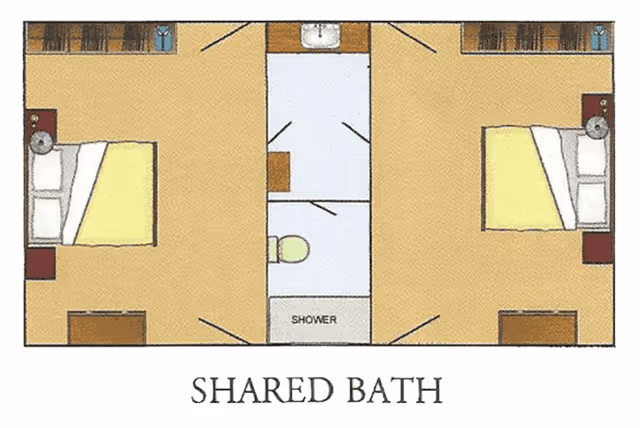 Floor plan of a shared bath layout featuring two bedrooms on either side, each with a bed, nightstand, and dresser. The central area contains a shared bathroom with a shower, toilet, and sink.
