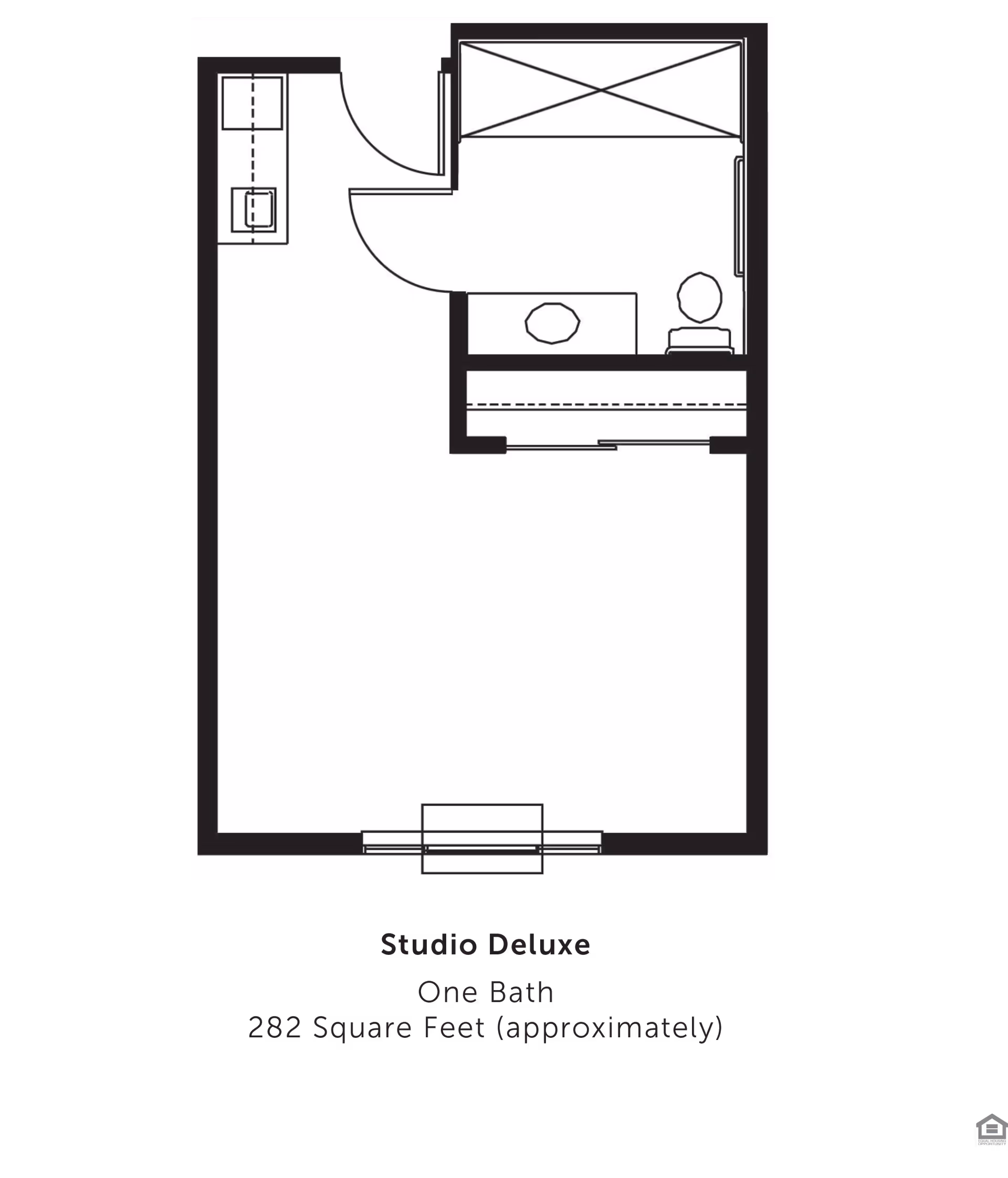 Architectural floor plan of a Studio Deluxe apartment with one bathroom, approximately 282 square feet. The layout includes a main living area, a bathroom with a toilet and sink, and a small kitchenette area.