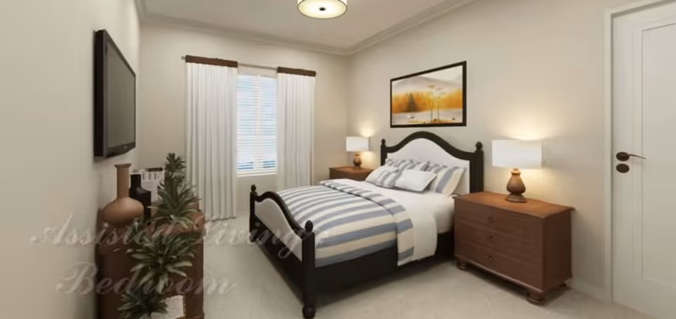 A cozy bedroom with a black wooden bed frame, striped bedding in white and blue, two wooden nightstands with lamps, a window with white curtains, a wall-mounted TV, and decorative plants and vases on a dresser.
