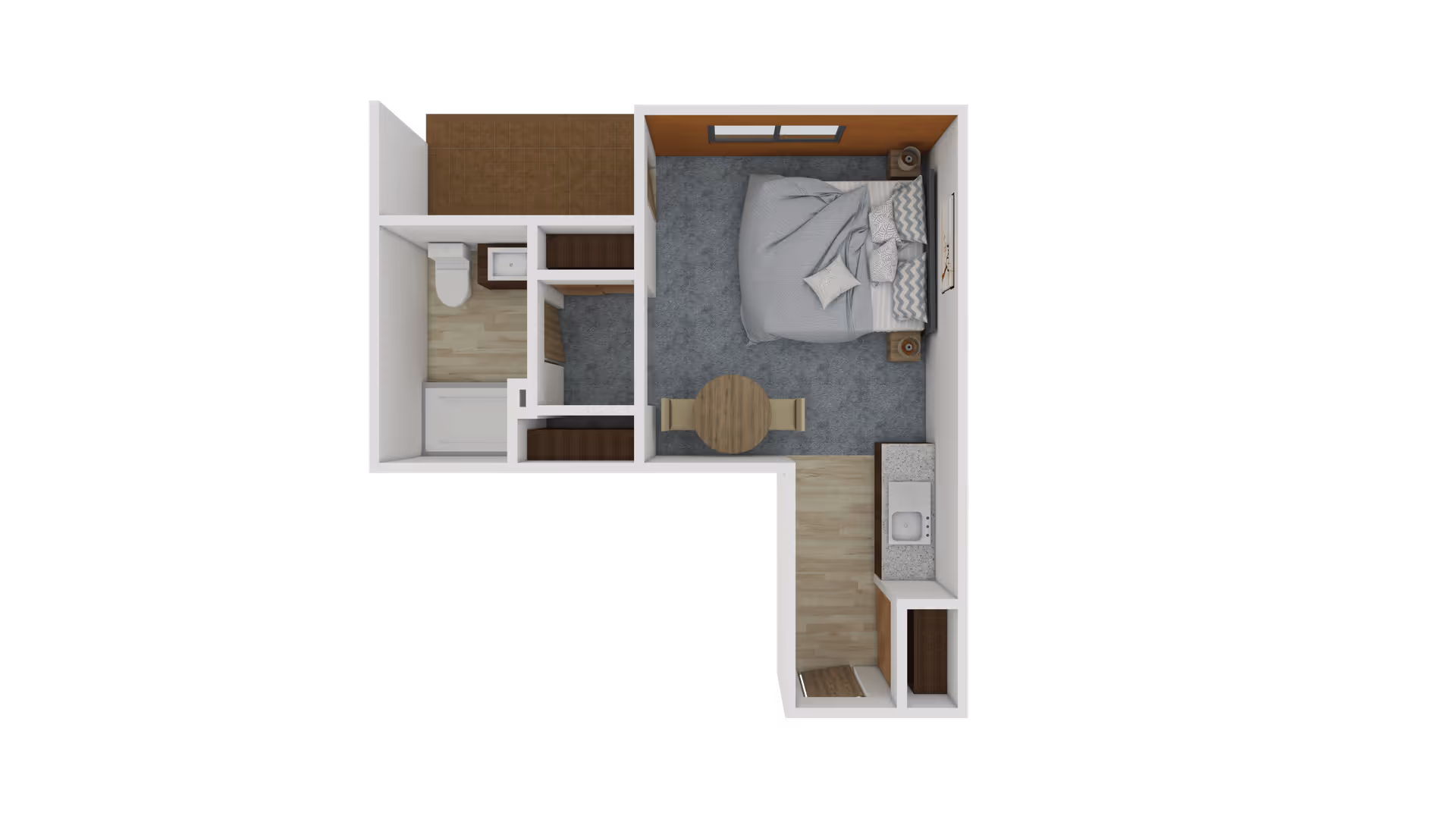 Top-down view of a small apartment floor plan featuring a bedroom with a bed and two nightstands, a round table with two chairs, a kitchenette with a sink and countertop, a bathroom with a toilet and shower, and a small closet area.