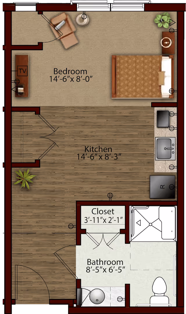 Floor plan of a small living space showing a bedroom with a bed, chair, TV, and plant; a kitchen area with a sink, stove, and refrigerator; a closet; and a bathroom with a shower, toilet, and sink.
