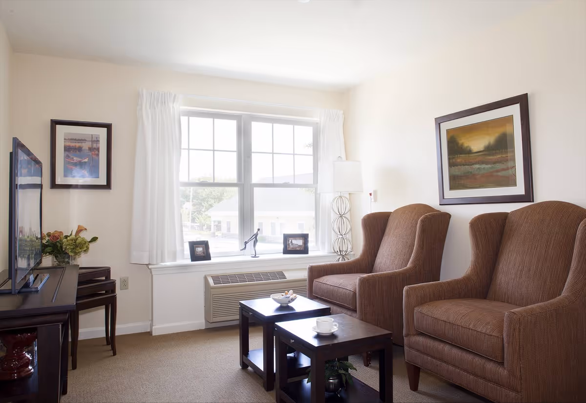 A bright living room with two brown upholstered armchairs, a small wooden coffee table with a cup and bowl on it, a large window with white curtains letting in natural light, a TV on a wooden stand, framed artwork on the walls, and a decorative lamp on a side table.