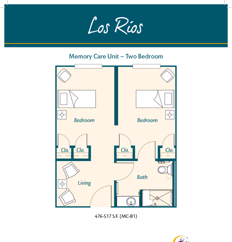 Floor plan of Los Rios Memory Care Unit with two bedrooms, each containing a bed, nightstand, and chair. The unit includes a living area with two chairs and a side table, a bathroom with a sink, toilet, and shower, and multiple closets.