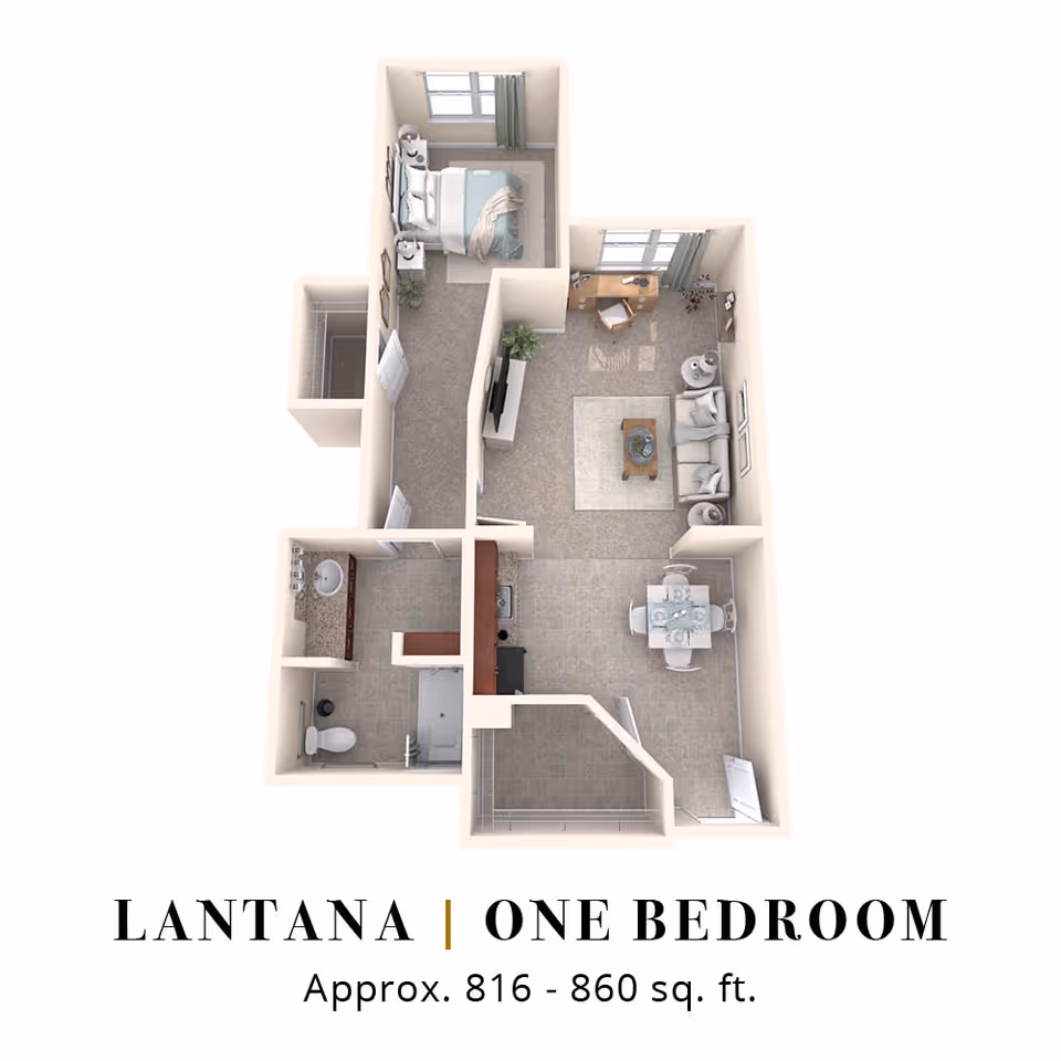 3D top-down floor plan of a one-bedroom apartment showing a bedroom, bathroom, kitchen, dining area, living room, and closets labeled "Lantana | One Bedroom".