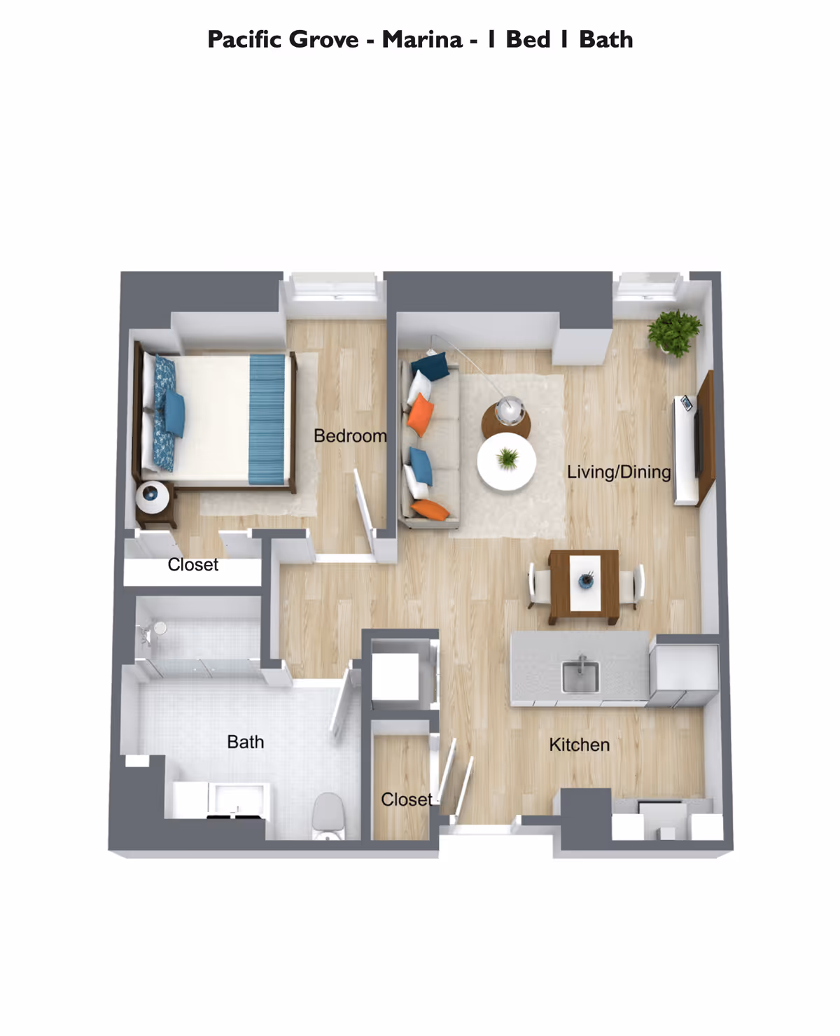 3D floor plan of a one-bedroom, one-bath apartment at Pacific Grove Senior Living. The layout includes a bedroom with a bed and nightstand, a bathroom with a shower, toilet, and sink, two closets, and an open living/dining area with a sofa, coffee table, dining table with chairs, and a kitchen with a sink, countertop, and appliances.