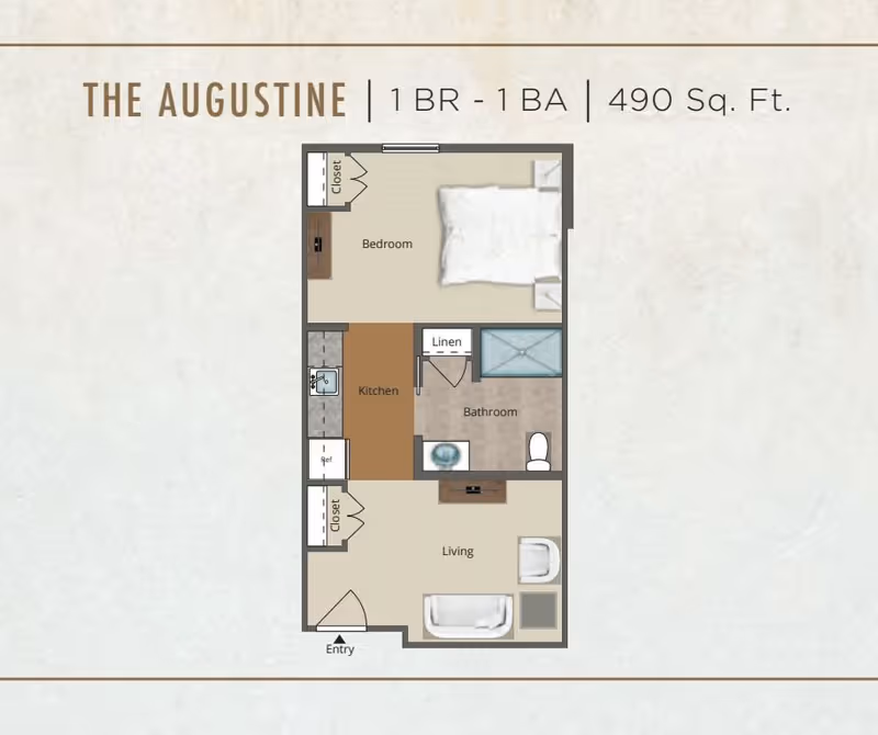 Floor plan of The Augustine, a 1 bedroom, 1 bathroom apartment with 490 square feet. The layout includes a bedroom with a closet, a kitchen, a bathroom with linen closet, and a living area with an entry door.