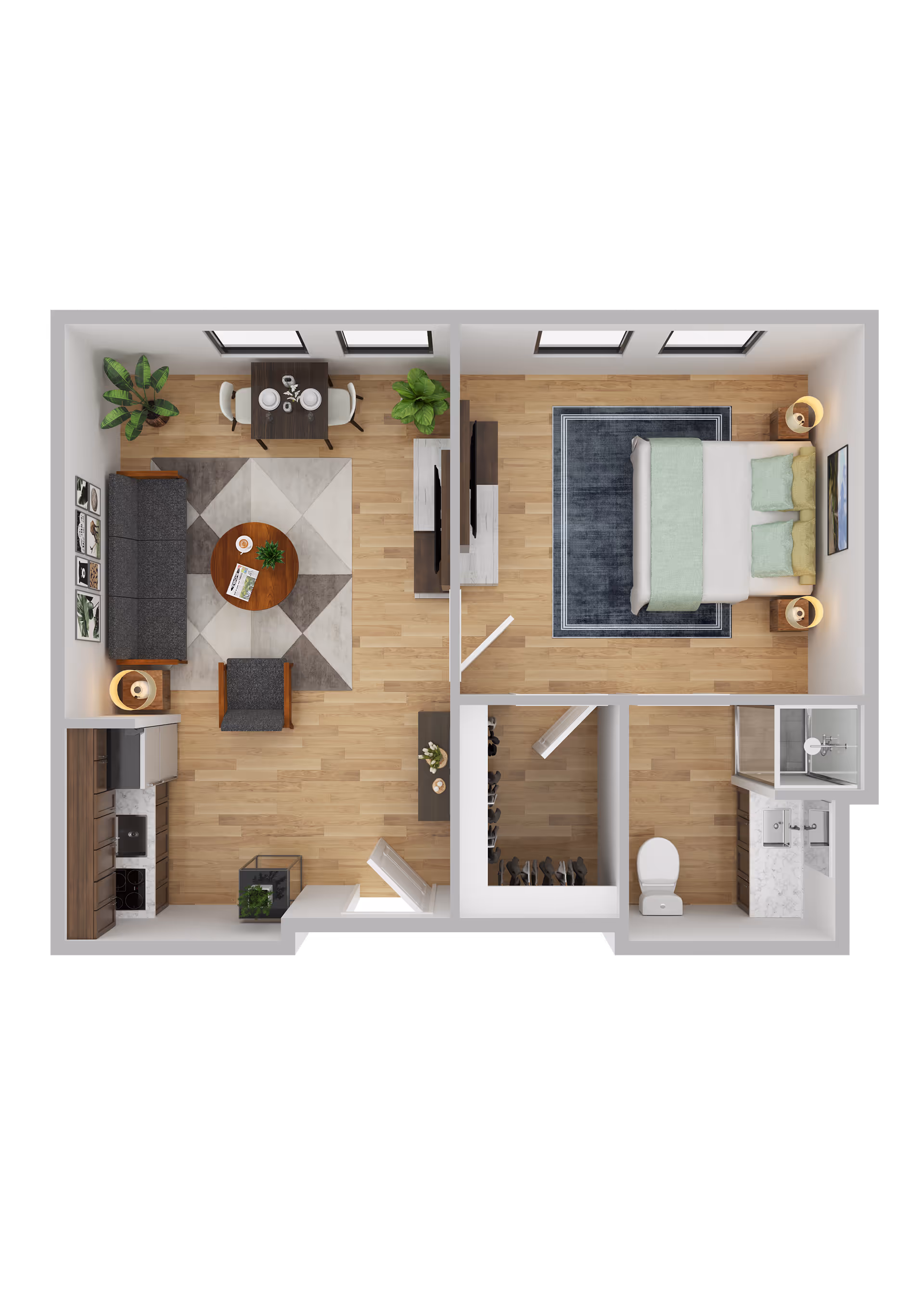 Top-down view of a one-bedroom apartment floor plan featuring a living room with a sofa, armchair, coffee table, dining table with two chairs, and plants. The bedroom has a bed with pillows and two nightstands with lamps. The kitchen area includes cabinets, a stove, and a sink. There is a bathroom with a toilet, sink, and shower, and a walk-in closet adjacent to the bedroom.