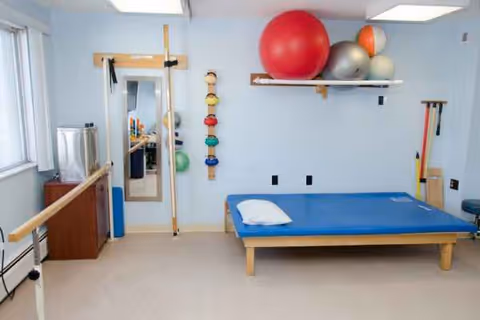 Physical therapy room with a blue mat, exercise balls, mirror, and balance equipment.