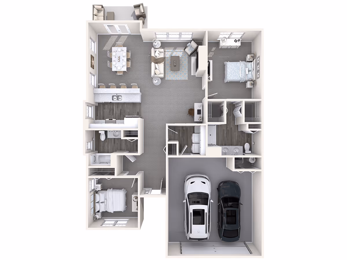 3D floor plan of a residential unit showing two bedrooms, two bathrooms, a kitchen with a breakfast bar, a dining area, a living room, a laundry area, and a two-car garage.